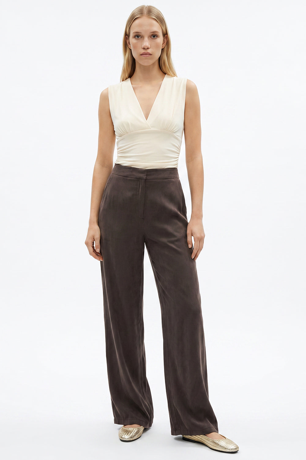 Wide-Leg Trousers with Zipper, Pockets and Elastic Back - KHAKI