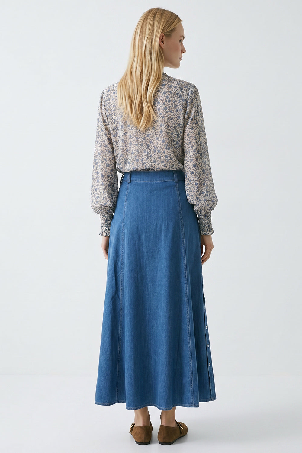 High Waist Snap Fastened A Line Regular Midi Skirt - INDIGO