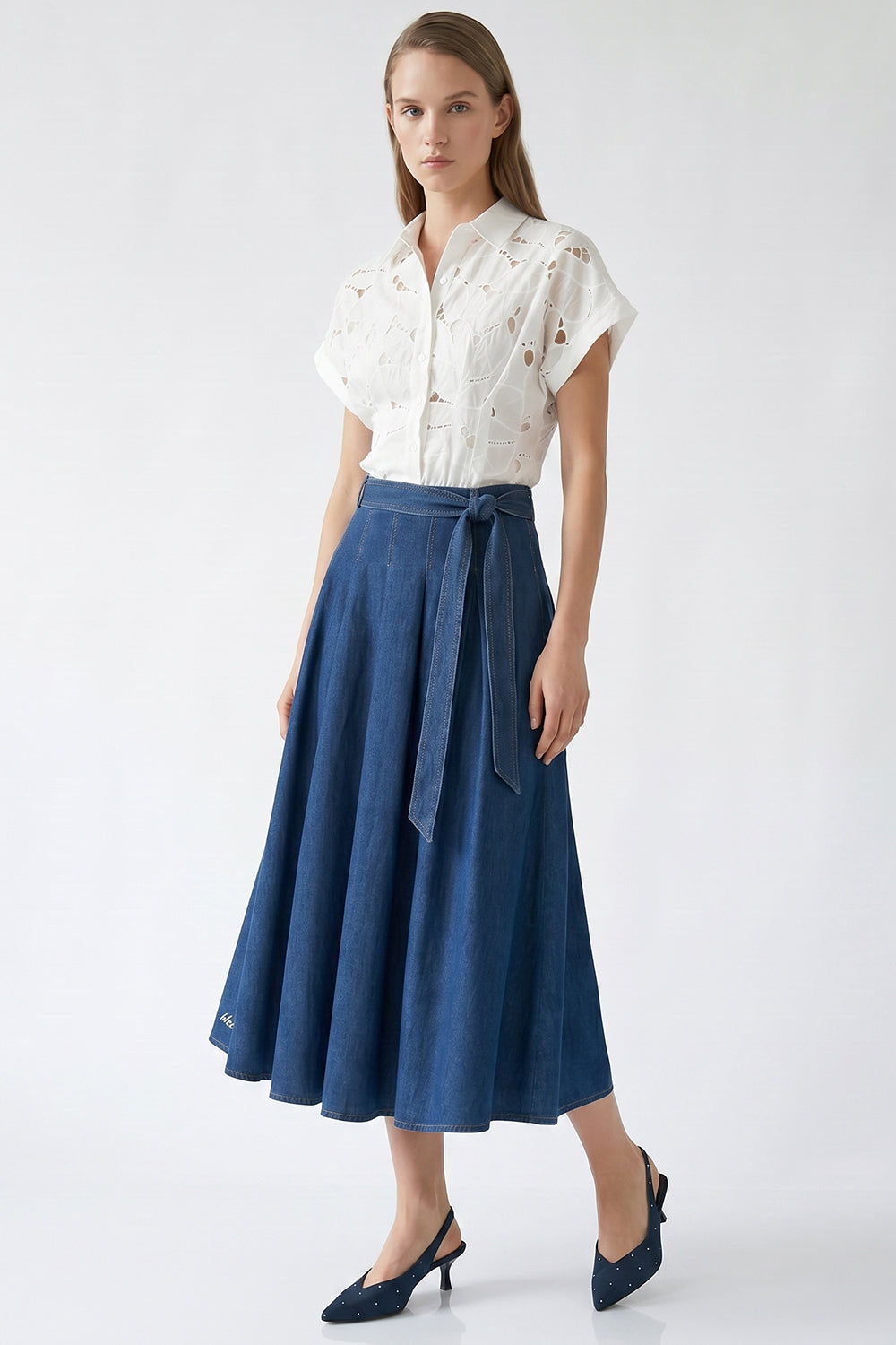 Pleated Midi Skirt with Pockets and Belt - BLUE