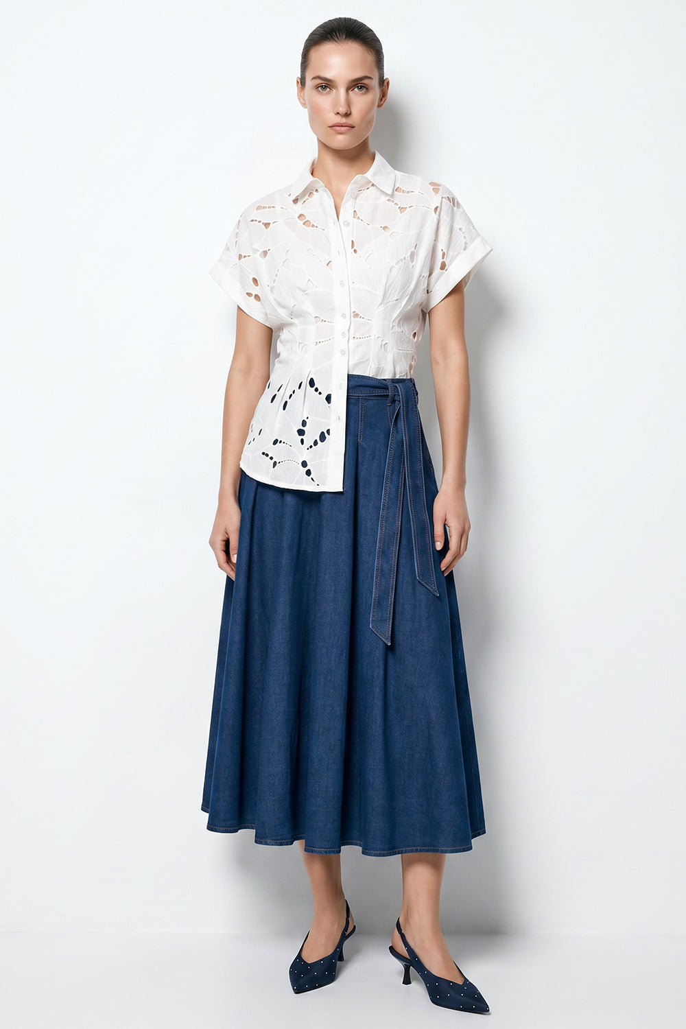 Pleated Midi Skirt with Pockets and Belt - BLUE