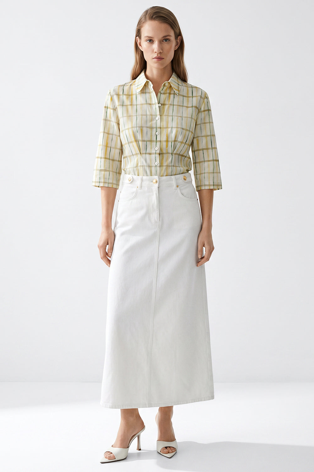 High Waist Buttoned Denim Midi Skirt with Pockets - WHITE