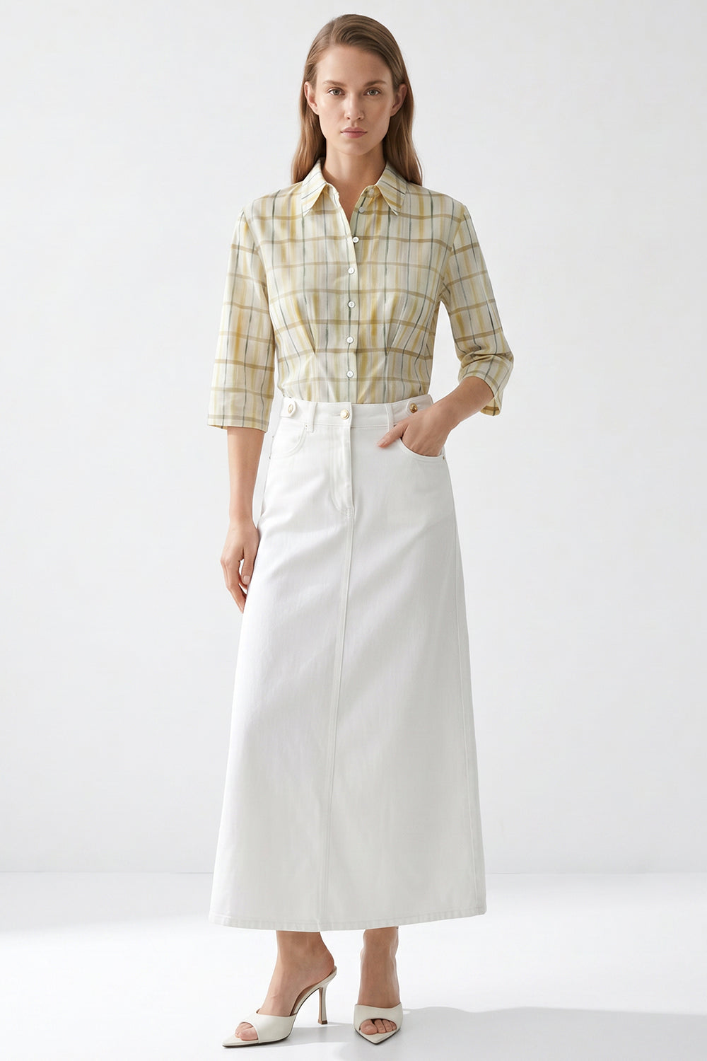 High Waist Buttoned Denim Midi Skirt with Pockets - WHITE