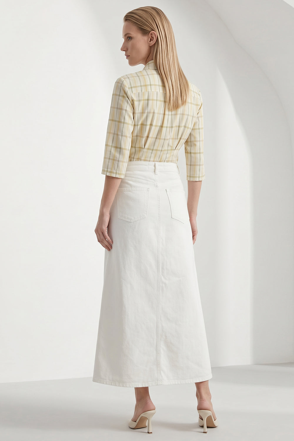 High Waist Buttoned Denim Midi Skirt with Pockets - WHITE