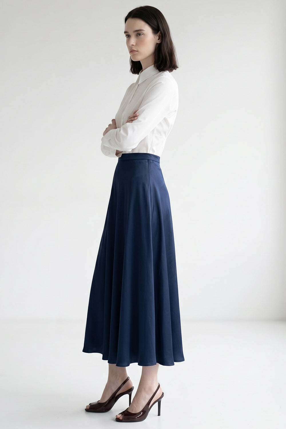 A Line Zippered Regular Midi Woven Skirt - NAVY BLUE