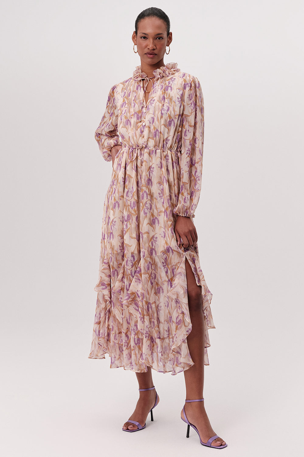 Long Sleeve Tie Waist Tiered Midi Dress - MULTI COLOR