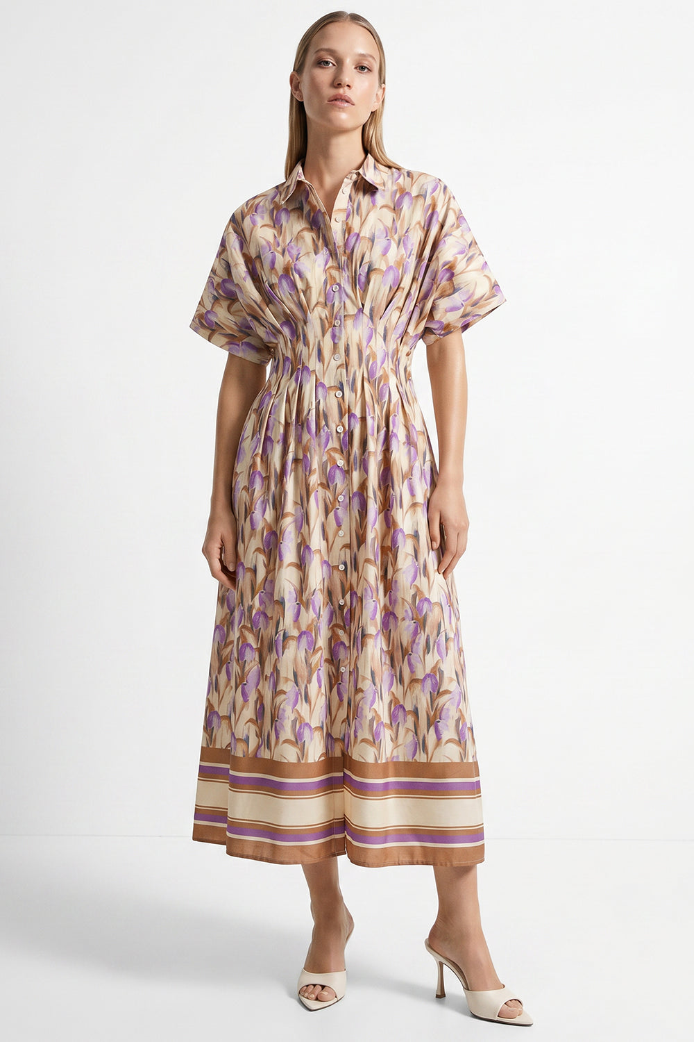 Collared Button Front Fitted Midi Dress - MULTICOLOR