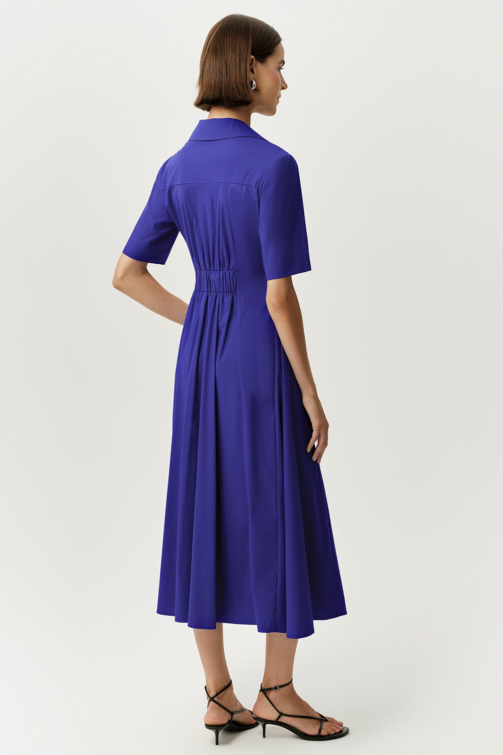 Short Sleeve Shirt Collar Midi Dress - SAX