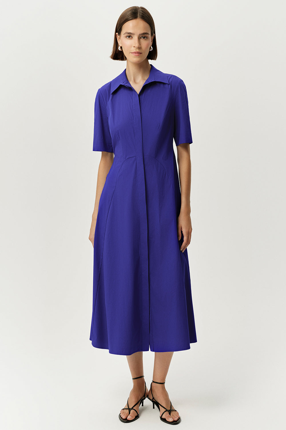Short Sleeve Shirt Collar Midi Dress - SAX