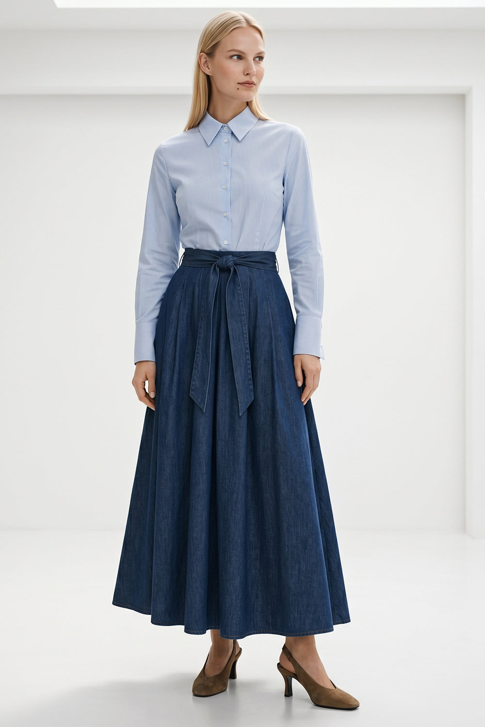 Long Sleeve Belted Denim Detailed Regular Midi Dress - BLUE
