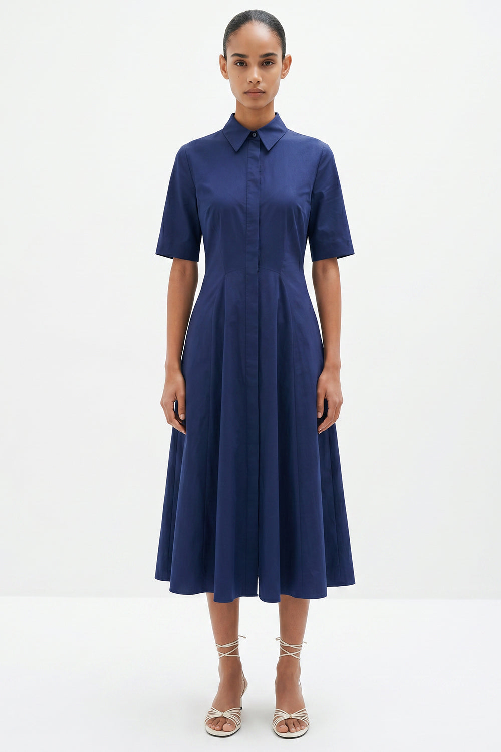 Short Sleeve Fitted Buttoned Midi Dress - NAVY