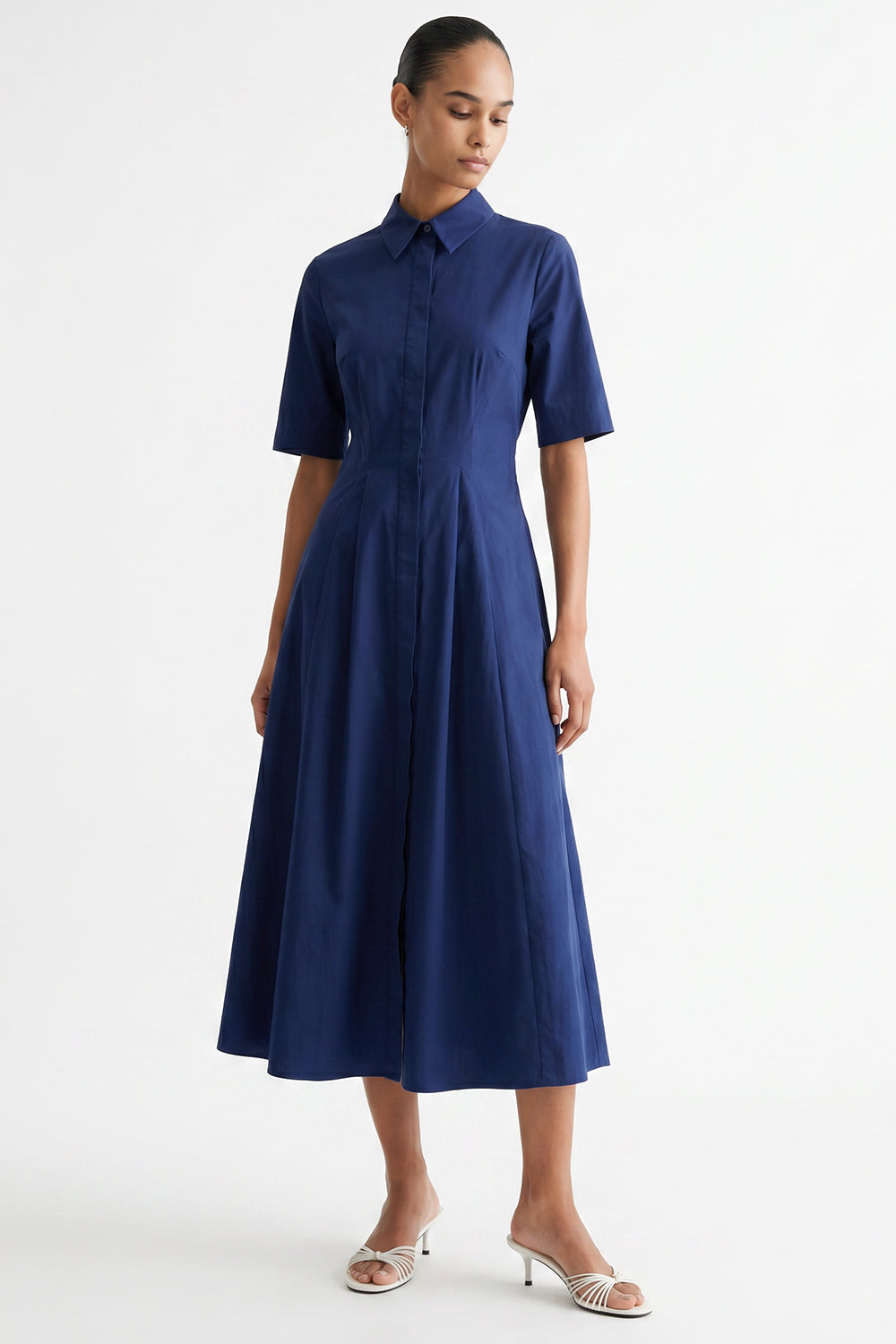 Short Sleeve Fitted Buttoned Midi Dress - NAVY