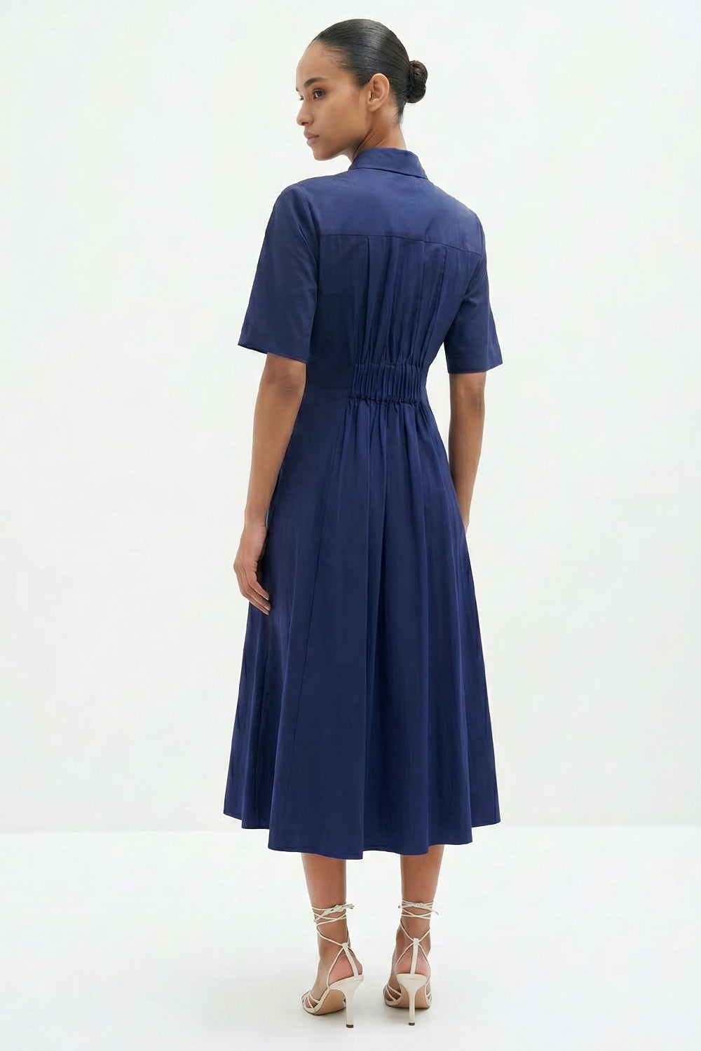 Short Sleeve Fitted Buttoned Midi Dress - NAVY