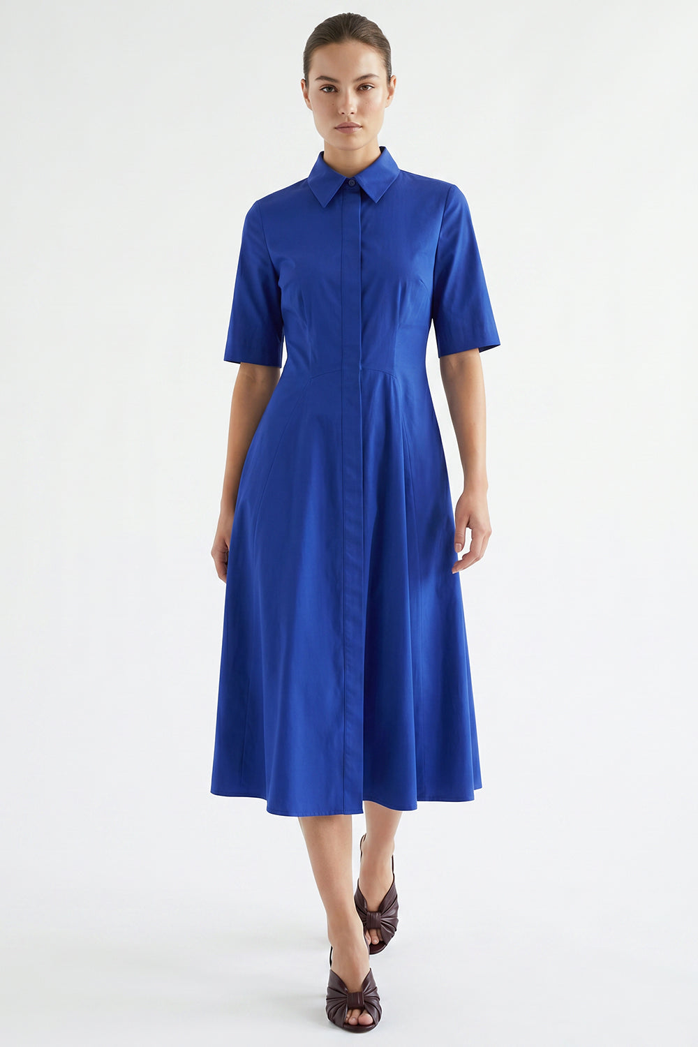 Short Sleeve Buttoned Midi Dress - SAX