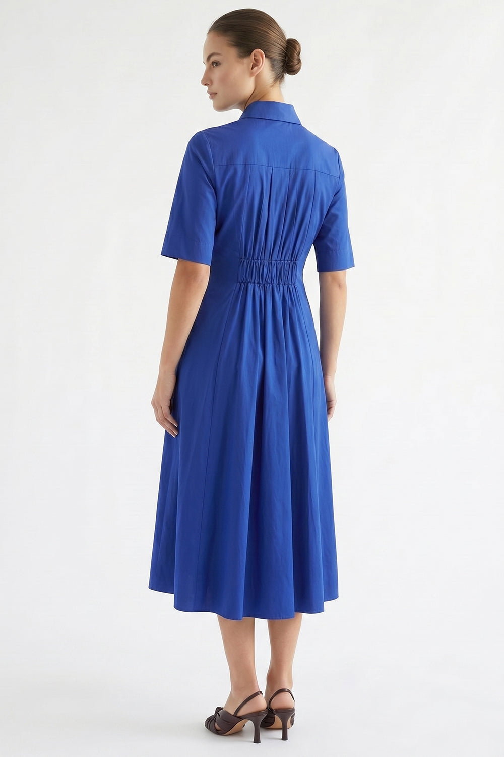 Short Sleeve Buttoned Midi Dress - SAX