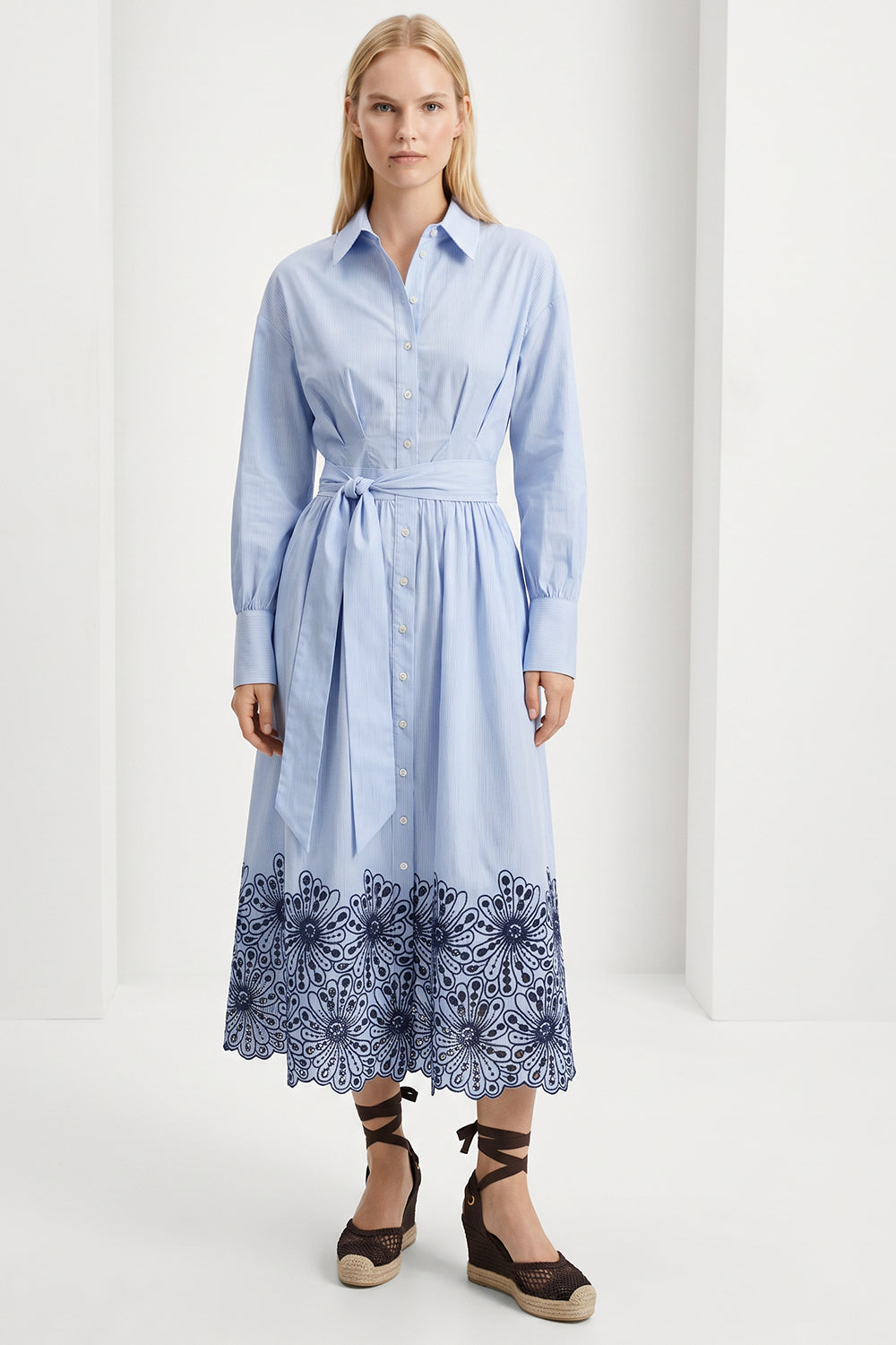 Long Sleeve Broderie Hem Belted Regular Midi Dress - BLUE BONE