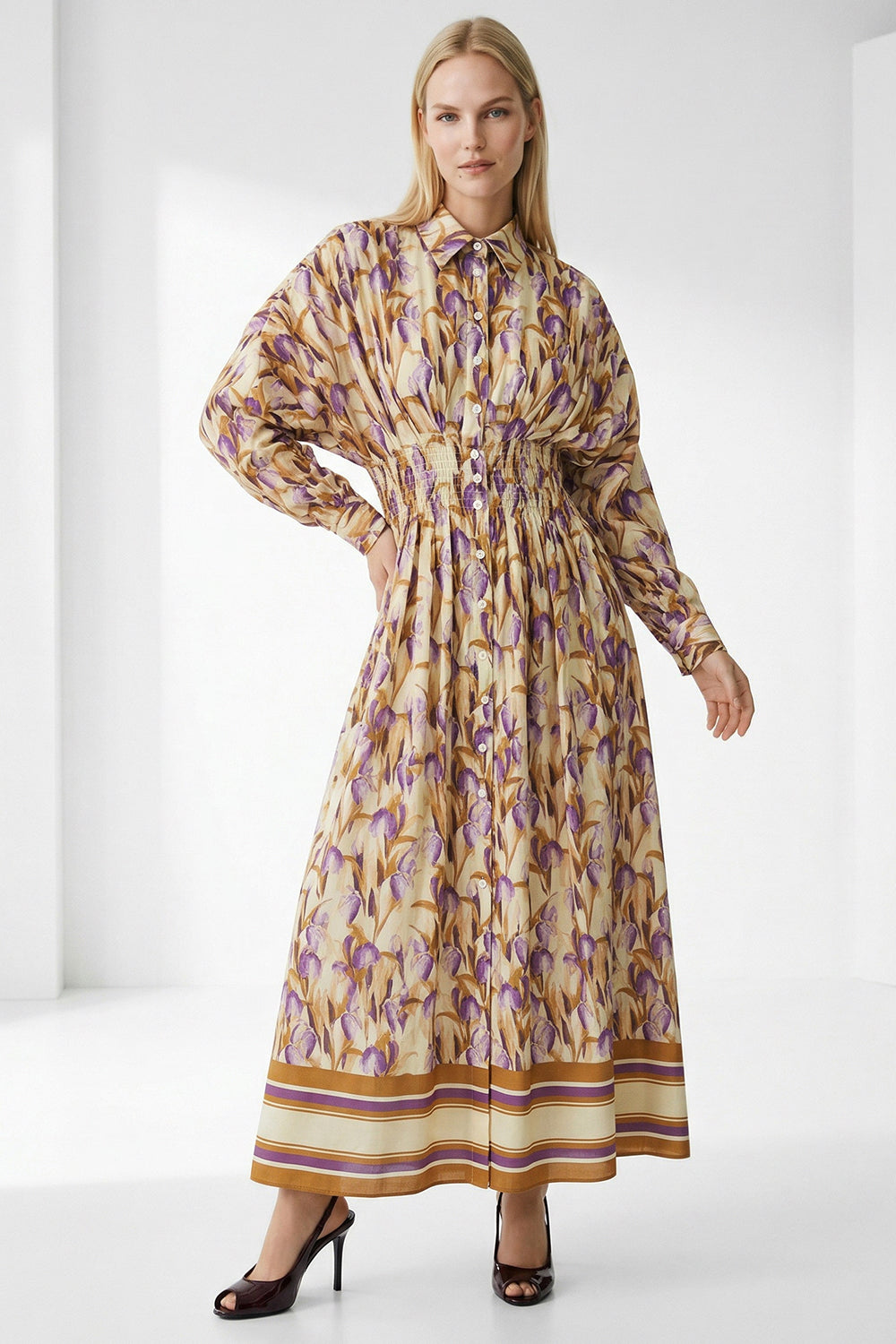 Long Sleeve Fitted Midi Shirt Dress - MULTI COLOR