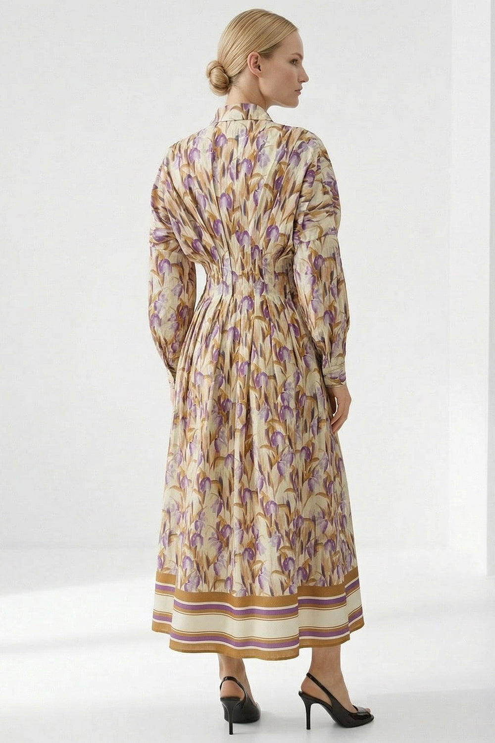 Long Sleeve Fitted Midi Shirt Dress - MULTI COLOR