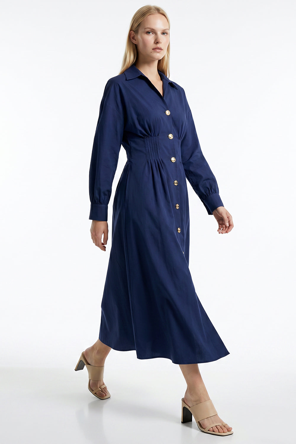Long Sleeve Buttoned Midi Dress - NAVY BLUE