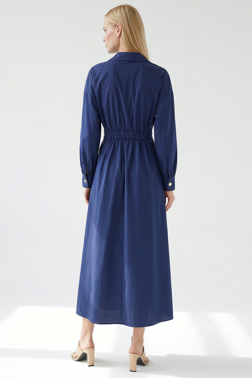 Long Sleeve Buttoned Midi Dress - NAVY BLUE
