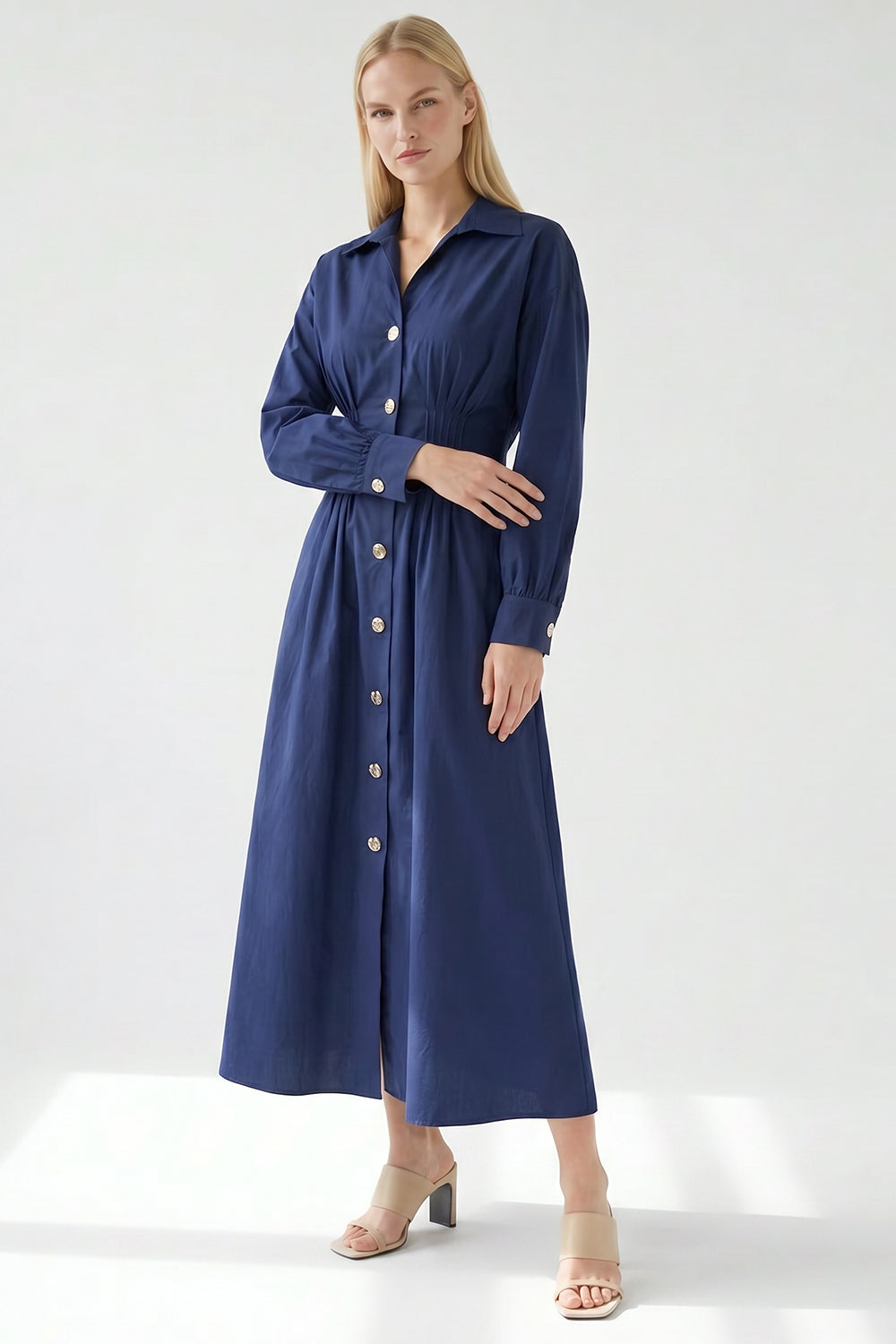 Long Sleeve Buttoned Midi Dress - NAVY BLUE