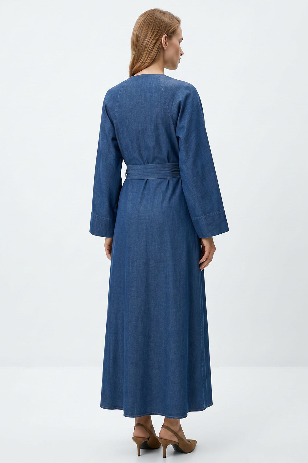 Embroidered Wrap Midi Dress with Long Sleeves and Belt - INDIGO
