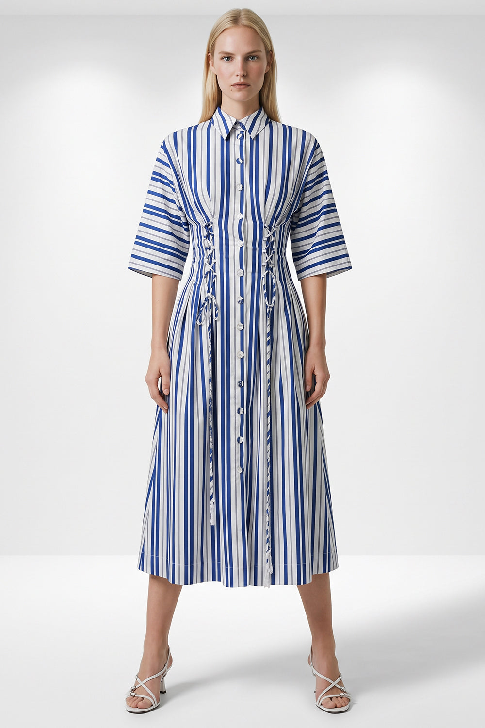 Three Quarter Sleeve Tie Detail Regular Midi Dress - SAX