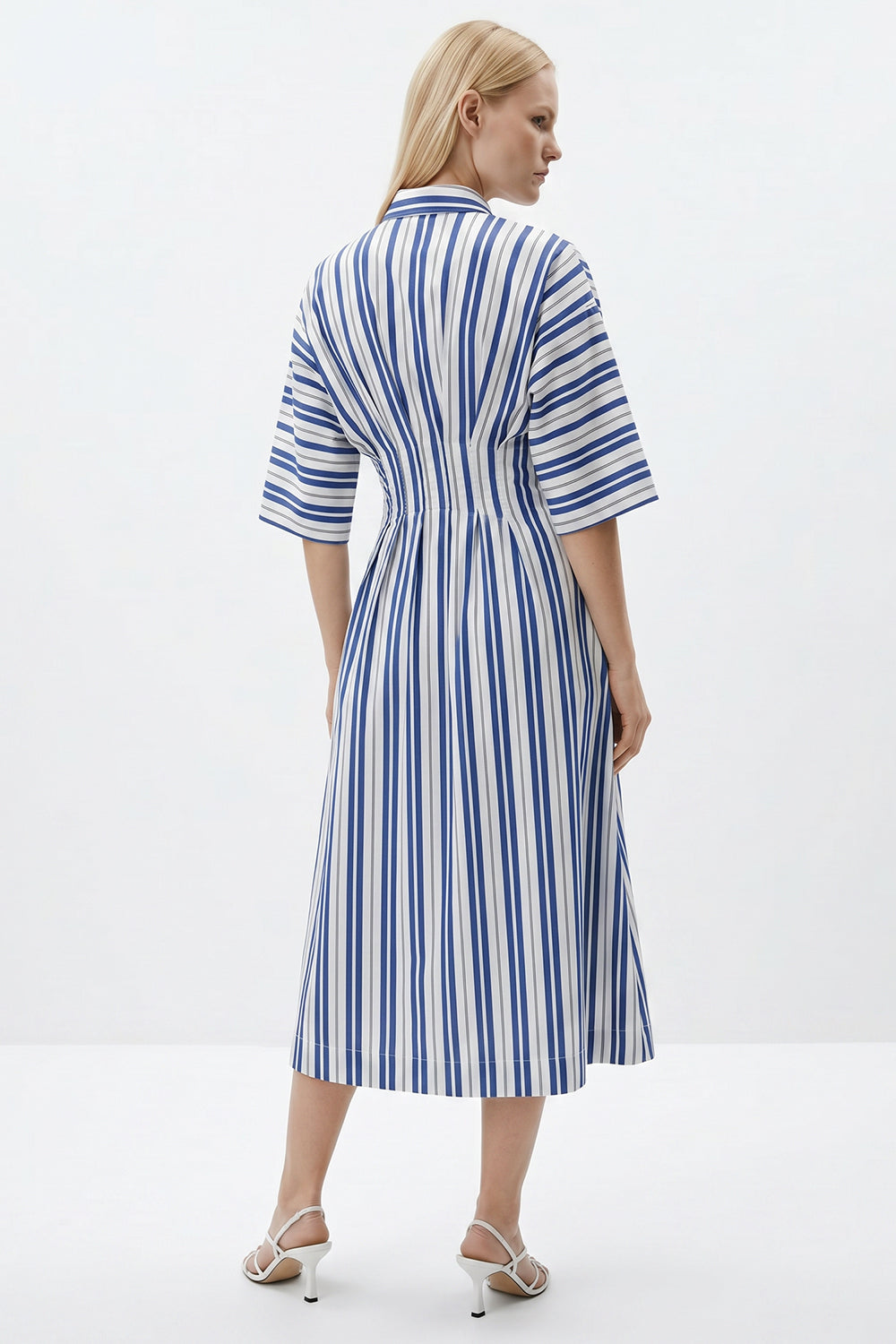 Three Quarter Sleeve Tie Detail Regular Midi Dress - SAX