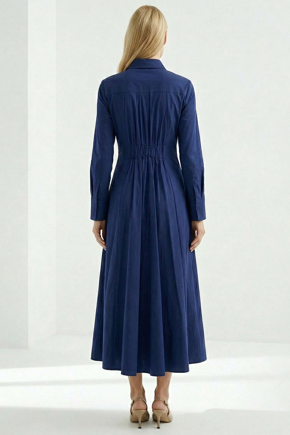 Long Sleeve Fitted Midi Shirt Dress - NAVY