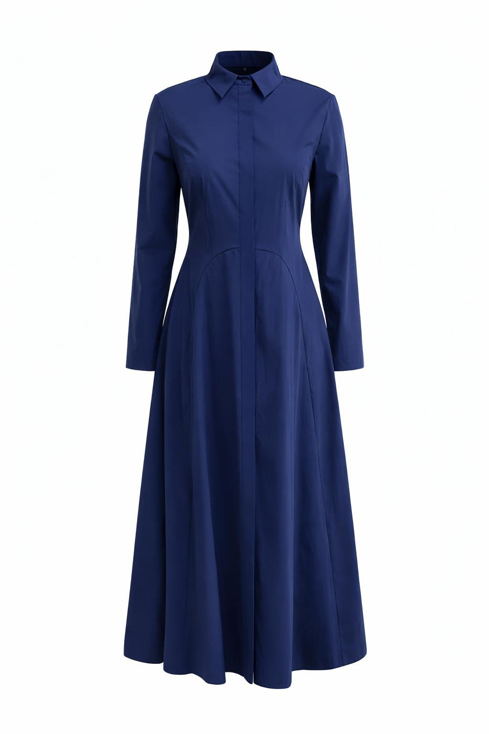 Long Sleeve Fitted Midi Shirt Dress - NAVY