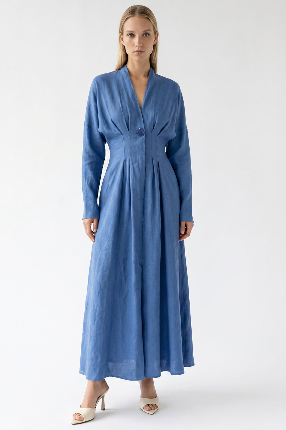 Garlyn Slim V Neck Long Sleeve Linen Midi Dress - Blue