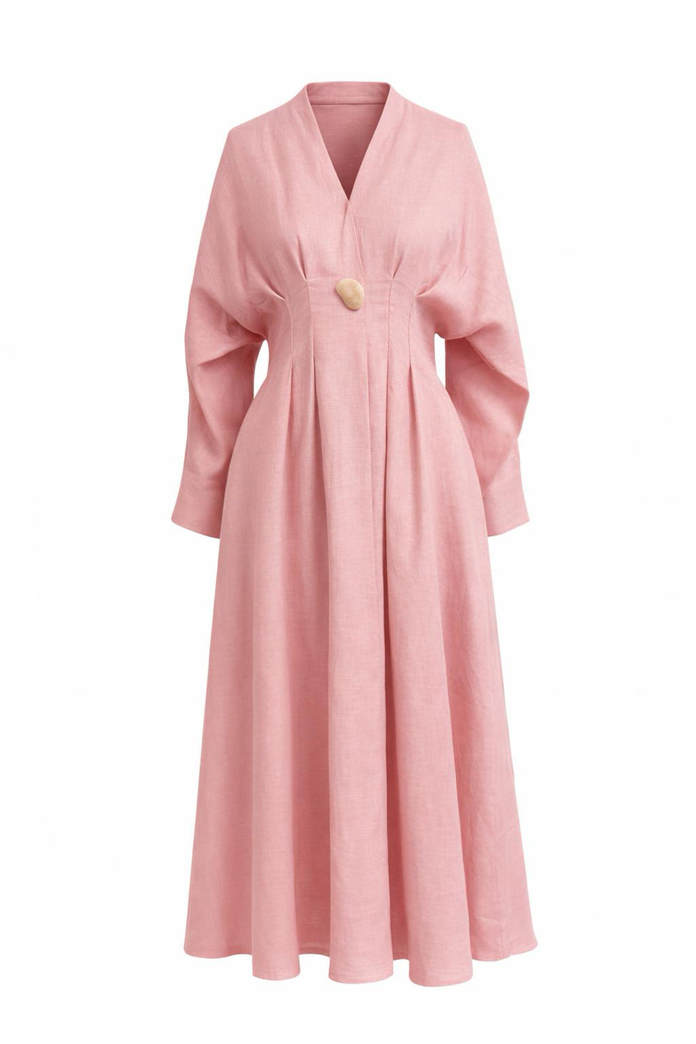 Slim V Neck Long Sleeve Linen Midi Dress - PINK