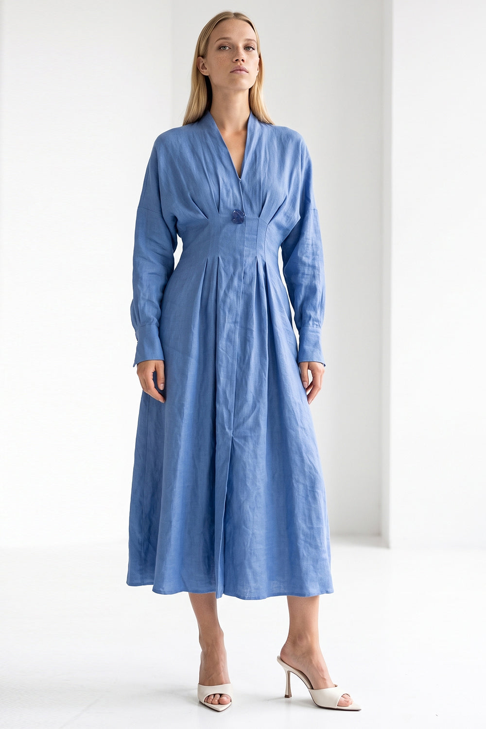 Garlyn Slim V Neck Long Sleeve Linen Midi Dress - Blue