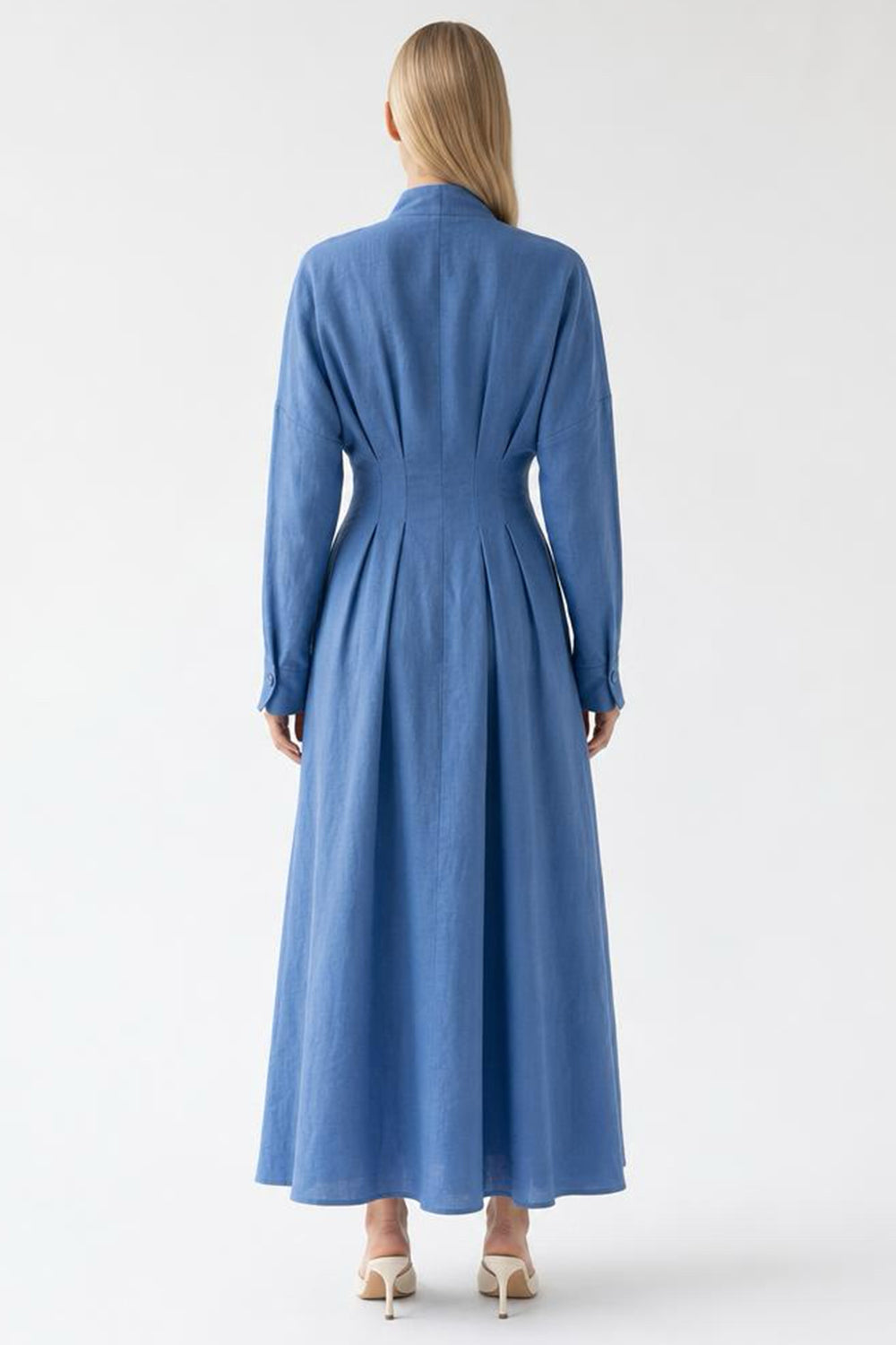 Garlyn Slim V Neck Long Sleeve Linen Midi Dress - Blue