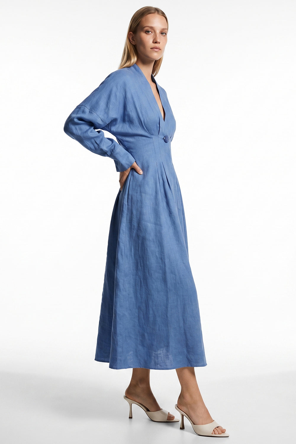 Garlyn Slim V Neck Long Sleeve Linen Midi Dress - Blue