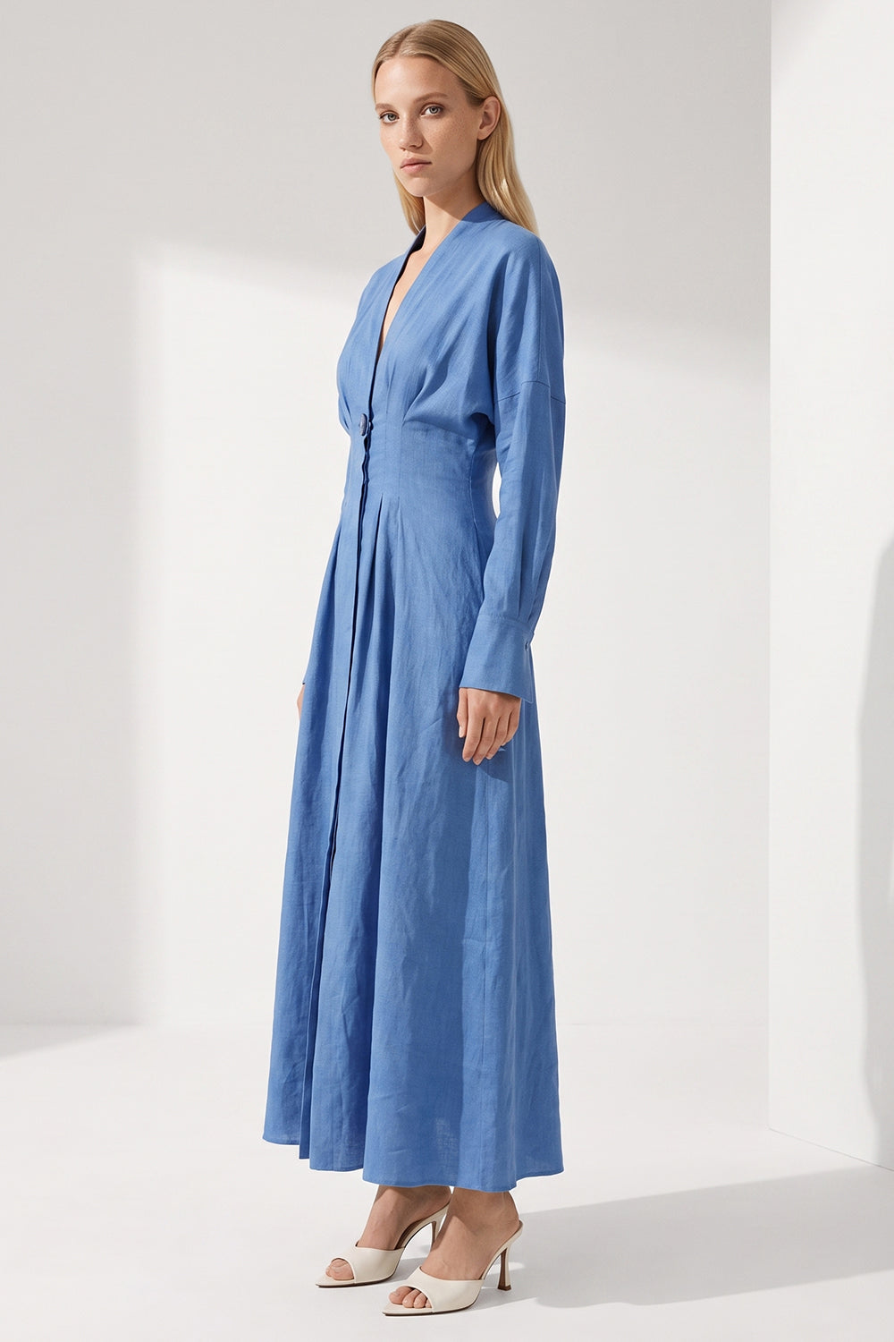 Garlyn Slim V Neck Long Sleeve Linen Midi Dress - Blue