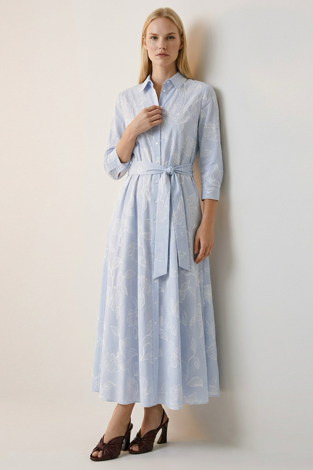 Three Quarter Sleeve Jacquard Midi Shirt Dress - BLUE-WHITE