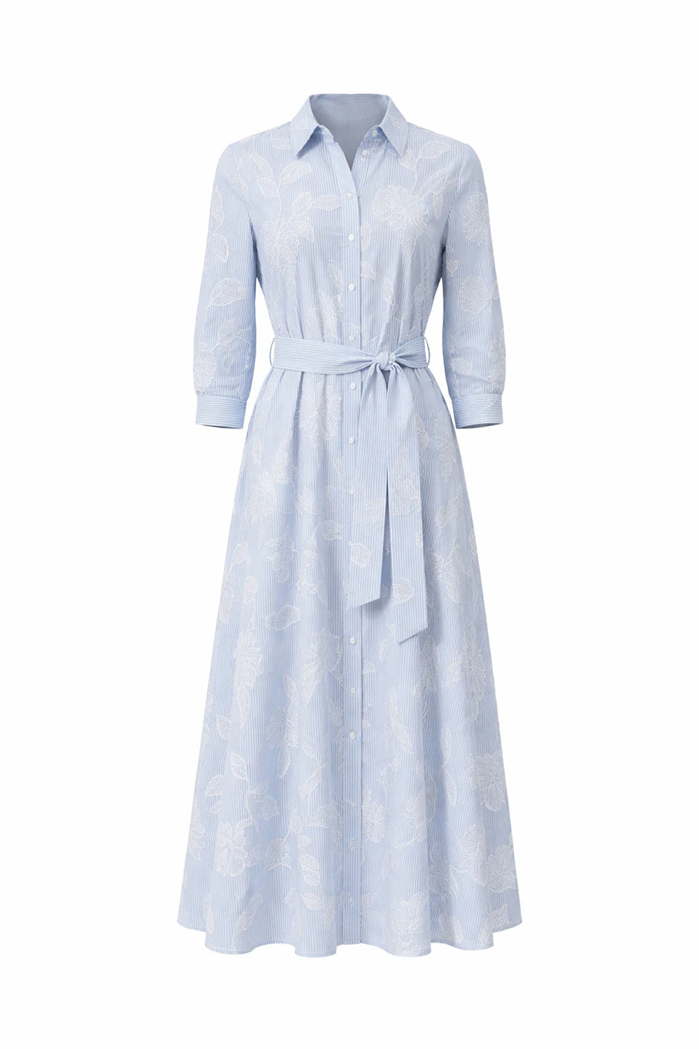 Three Quarter Sleeve Jacquard Midi Shirt Dress - BLUE-WHITE