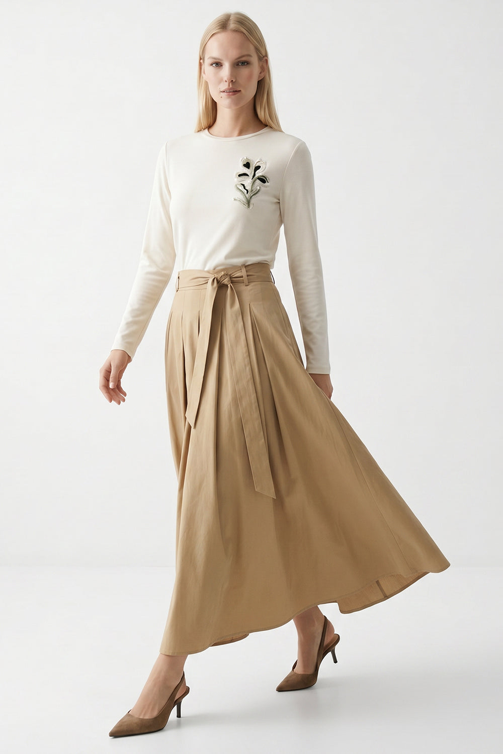 Crew Neck Pleated Embroidered Belted Midi Dress - CREAM