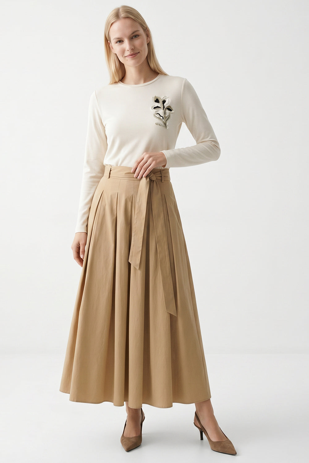 Crew Neck Pleated Embroidered Belted Midi Dress - CREAM