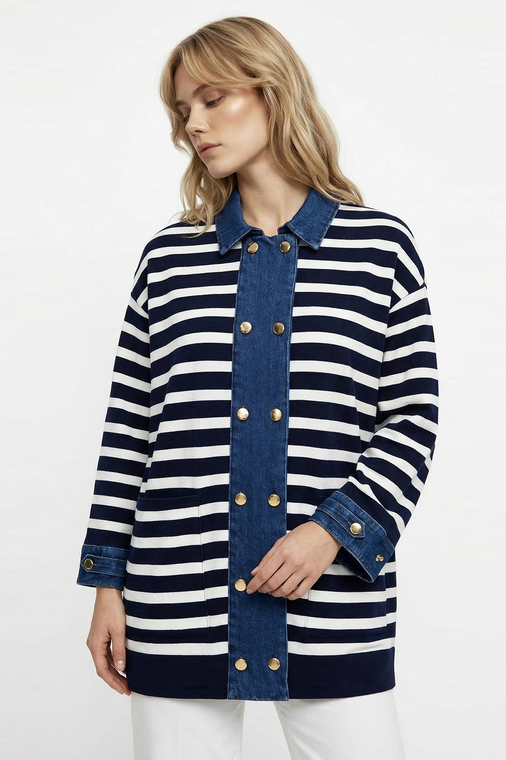 Long Sleeve Knit Cardigan - DARK BLUE WHITE