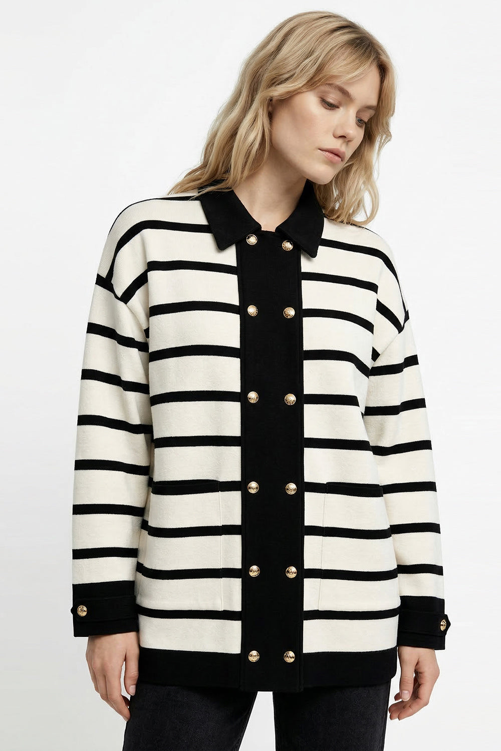 Long Sleeve Knit Cardigan - BLACK CREAM