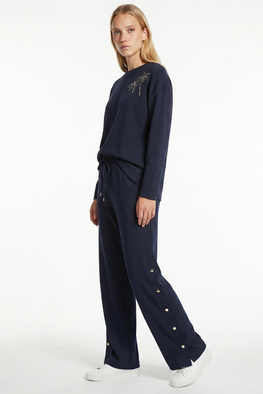Wide-Leg Knit Trousers with Elastic Waist and Snap-Button Sides - Navy Blue