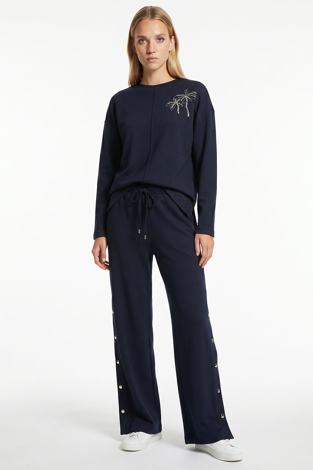 Wide-Leg Knit Trousers with Elastic Waist and Snap-Button Sides - Navy Blue