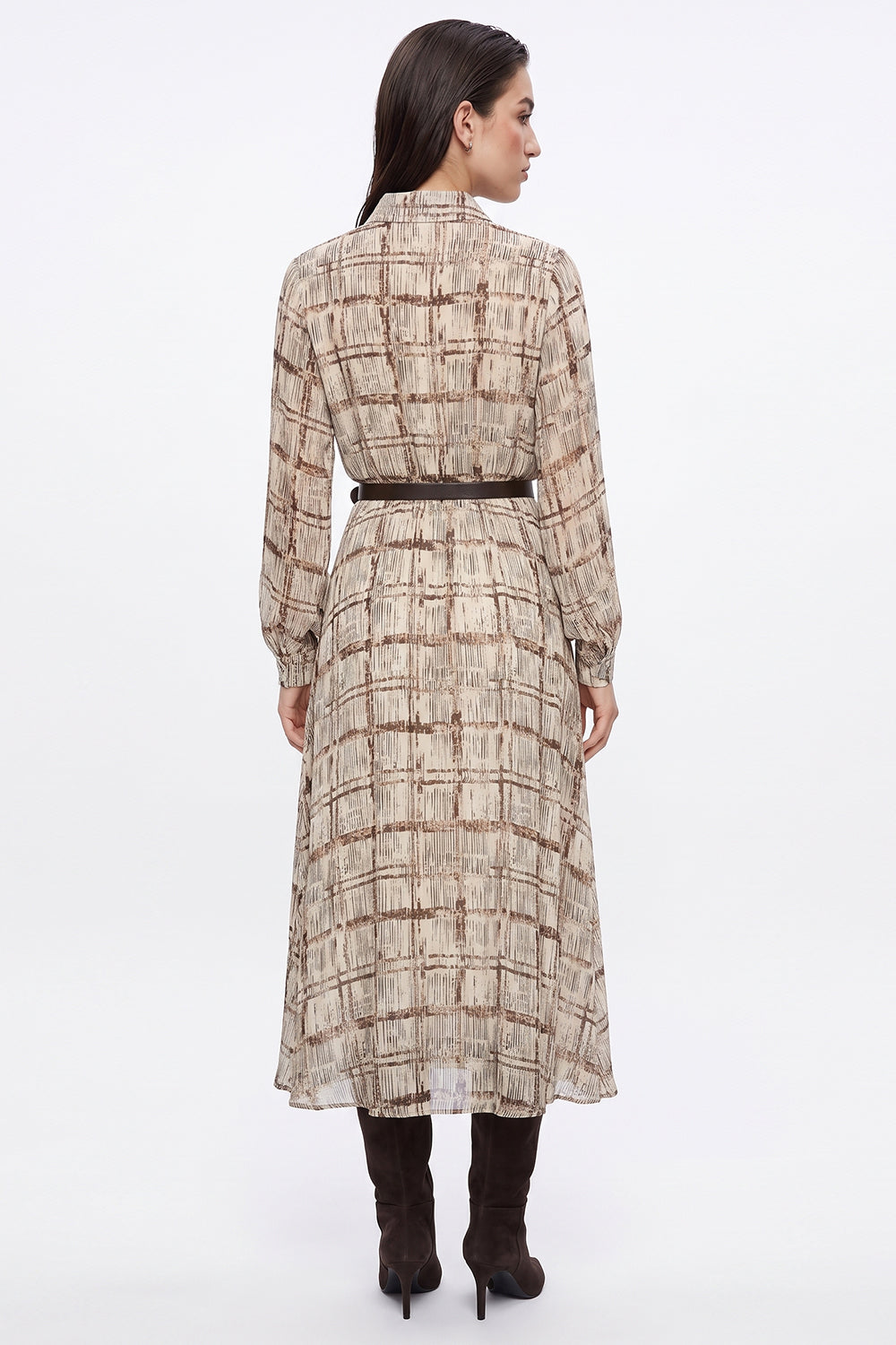 Lined Long Sleeve Midi Dress with Belt - MULTICOLOR