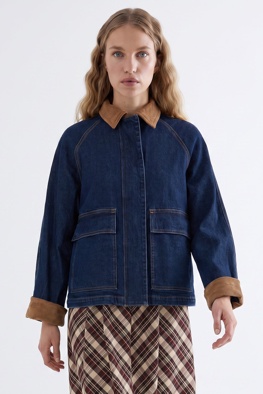 Lined Denim Jacket with Velvet Trim - INDIGO