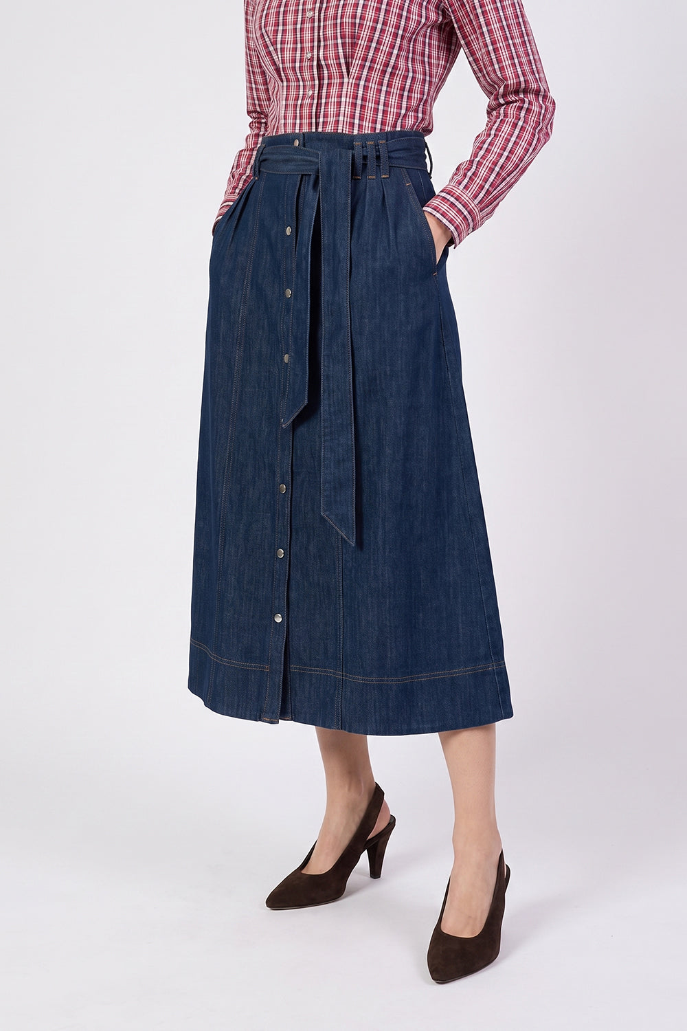 High-Waisted Belted Denim Midi Skirt - BLUE