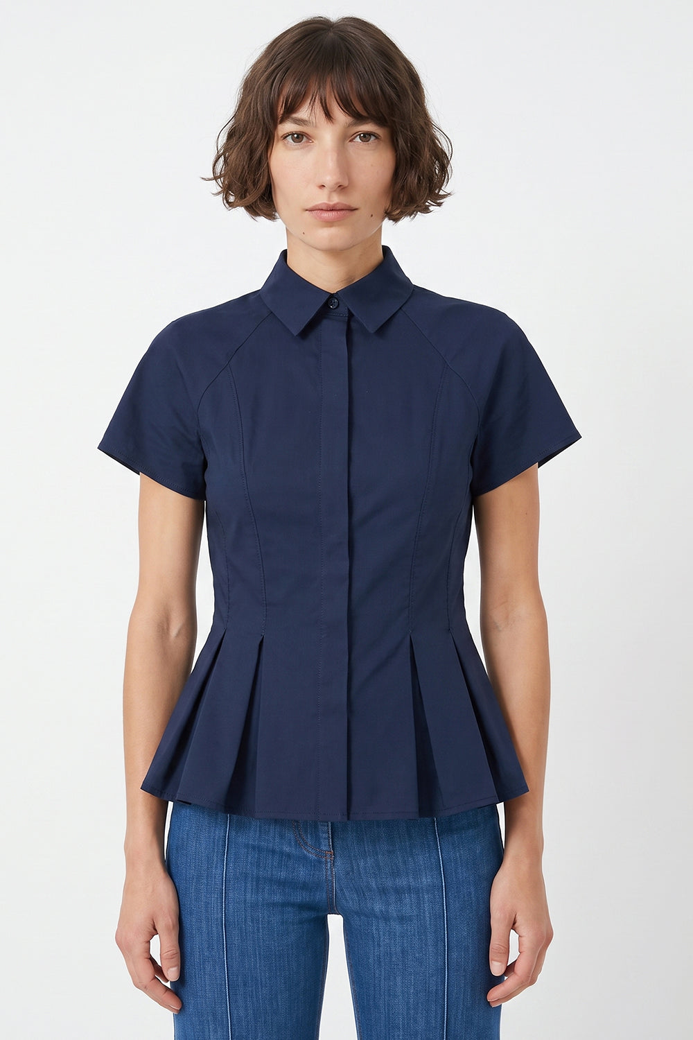 Dropped Sleeve Pleated Zigzag Stitch Shirt - NAVY