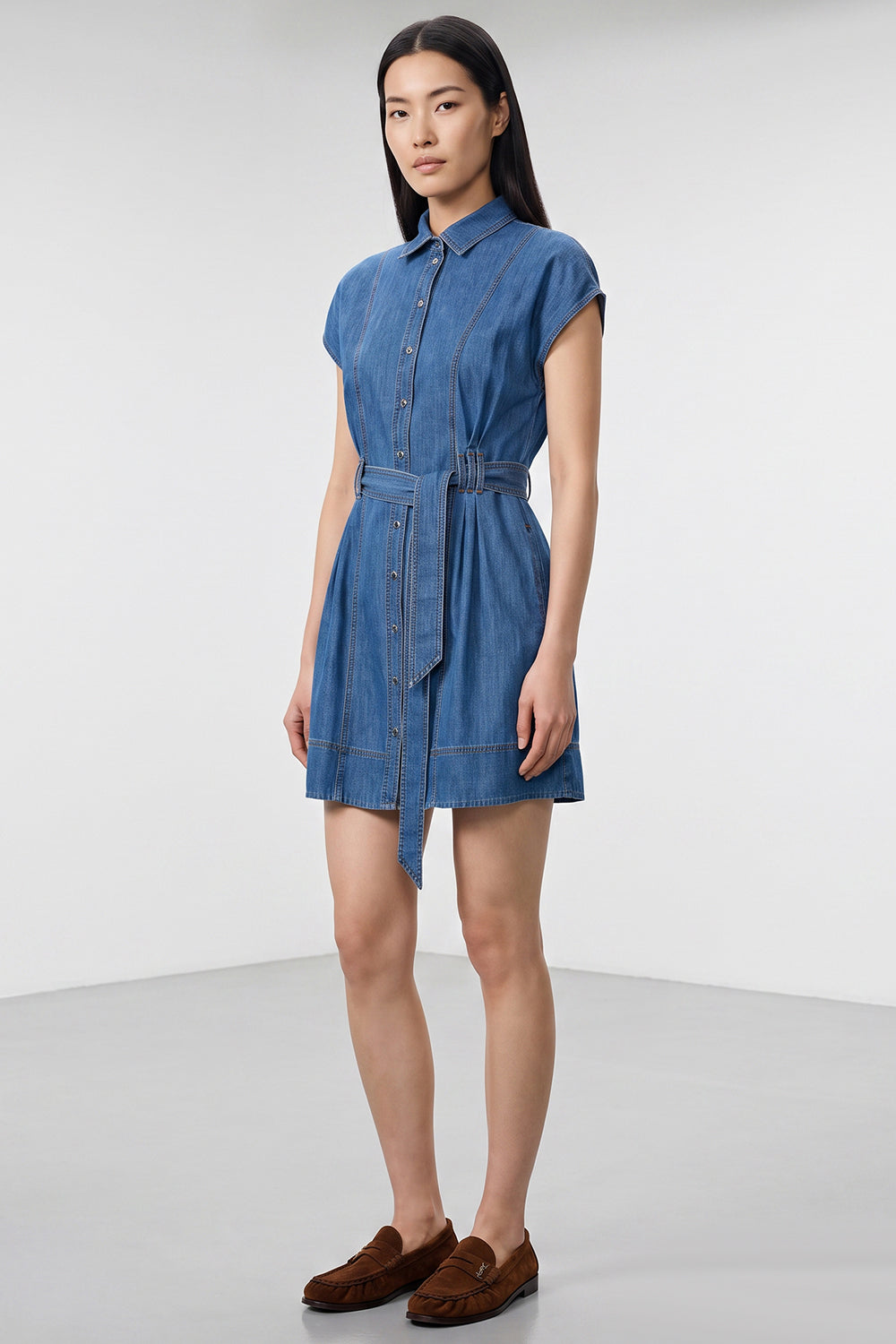 Short Sleeve Mini Dress with Pockets and Belt - INDIGO