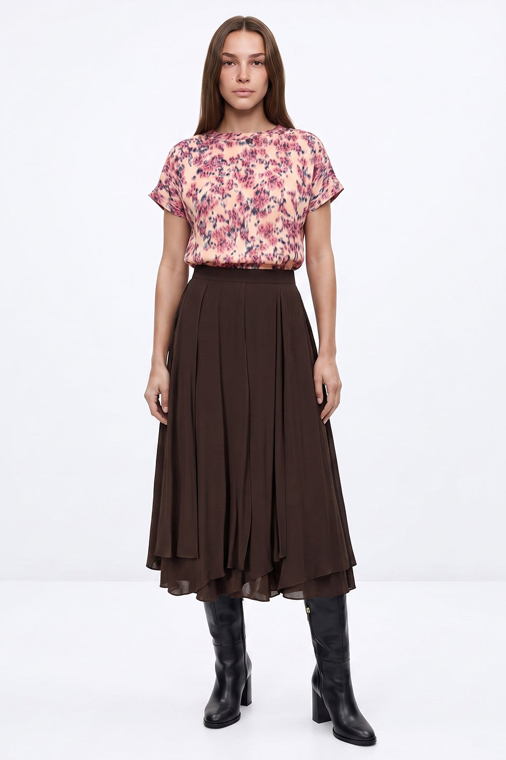 Panelled Flared Skirt with Hidden Zipper - BROWN