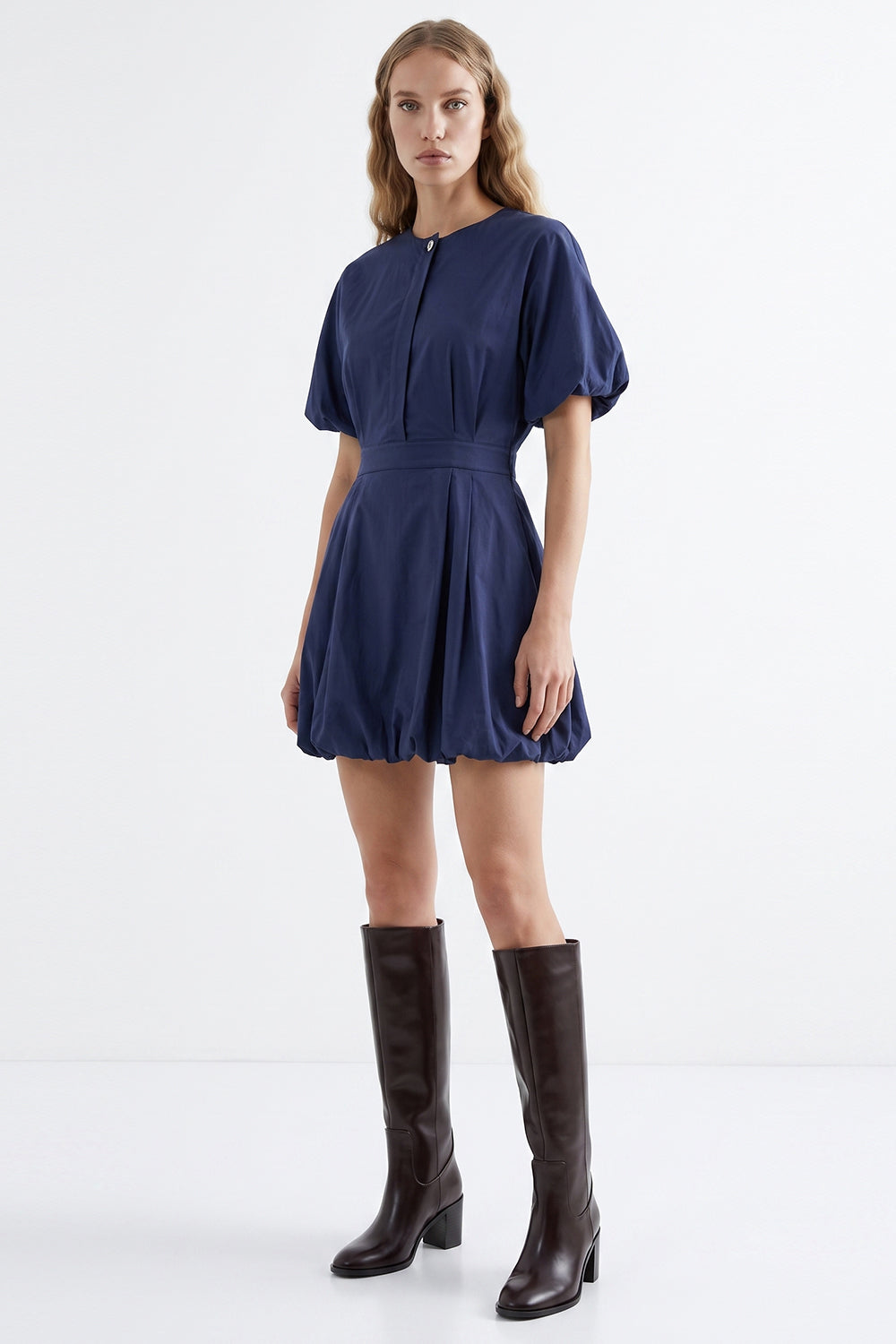 Balloon Sleeve Lined Mini Dress with Elastic Waist - BLUE